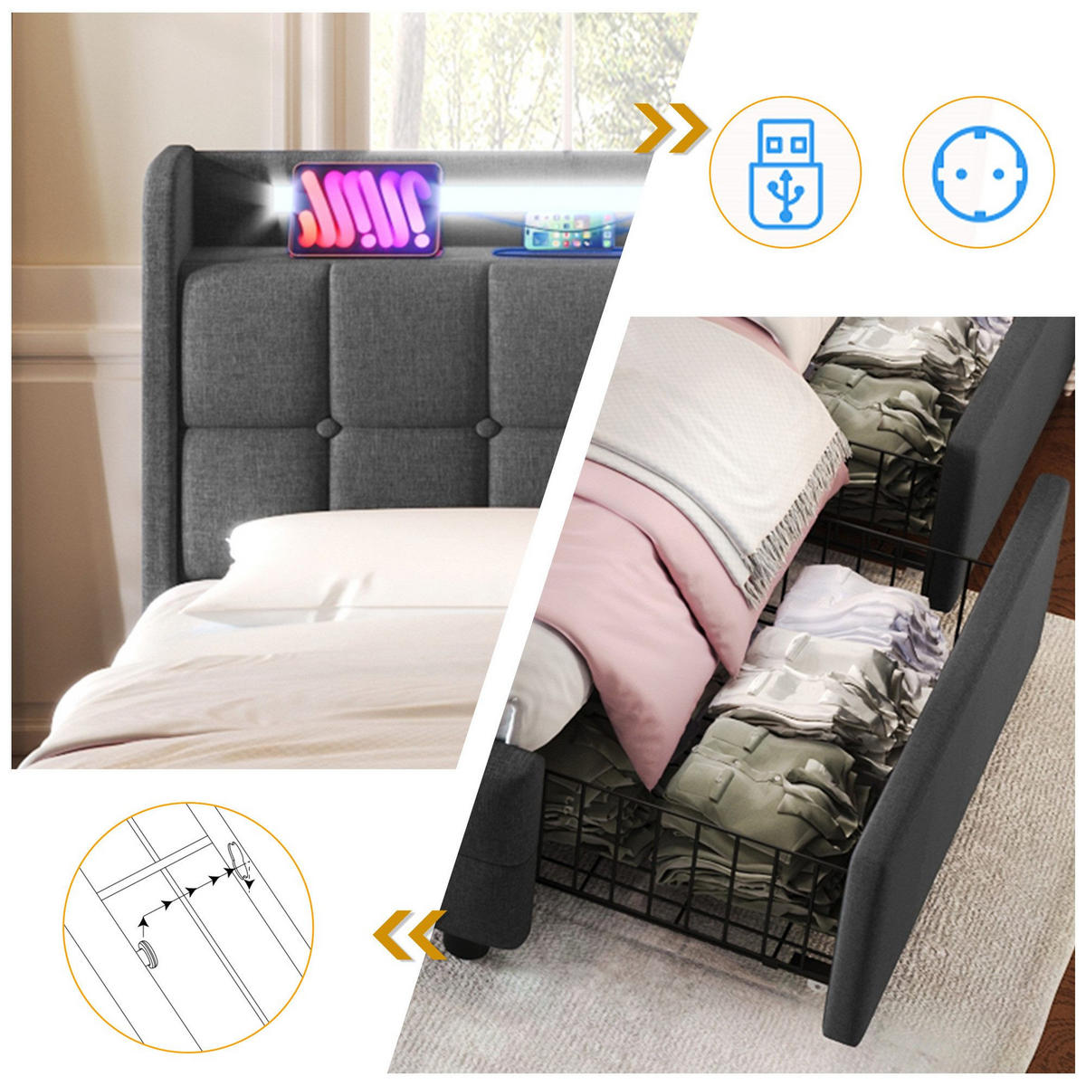 POLSTERBETT mit USB-Ladefunktion, Kopfteil und LED-Beleuchtung - Grau, Textil (90/200cm)