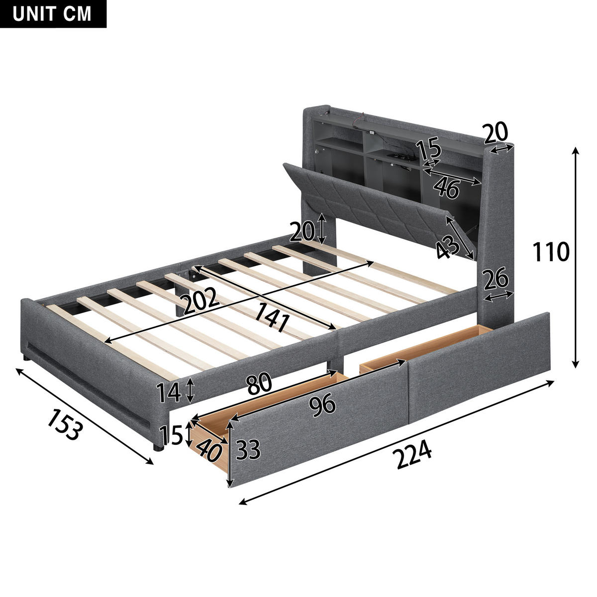 POLSTERBETT 140/200 cm grau mit LED und USB-Anschlüssen - Grau, Textil (140/200cm) - OKWISH