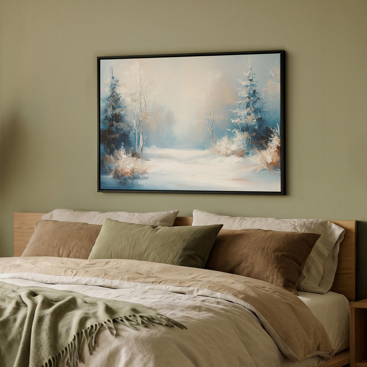LEINWAND Bilder mit Rahmen - Wald – Winter – Natur – Abstrakt – Schnee - 70x50 - Weiß, Textil (70/50cm) - MuchoWow