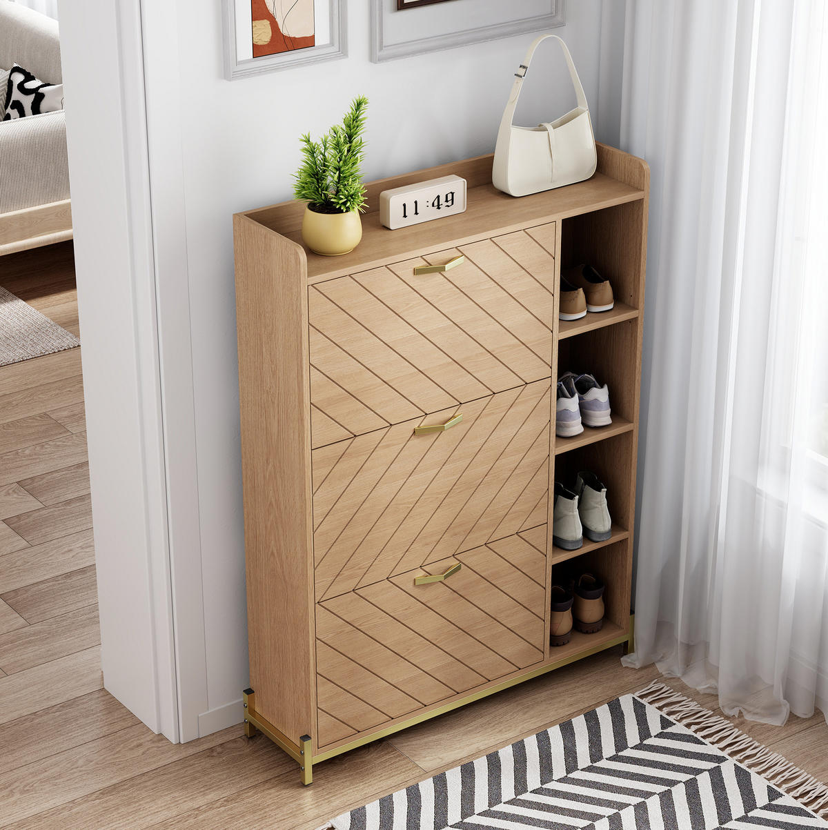 SCHUHSCHRANK mit 3 Klappen 90/24/119 cm in Eichenoptik, schmal mit Soft-Close - Naturfarben, Holzwerkstoff (90/119/24cm) - BEAOK