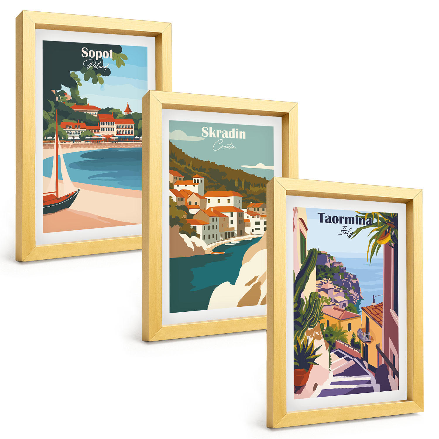 BILDER SET 3er Set - 20x30 cm Goldrahmen - Illustrationen von Küstenstädten - Goldfarben, Kunststoff (20/30cm) - TULUP