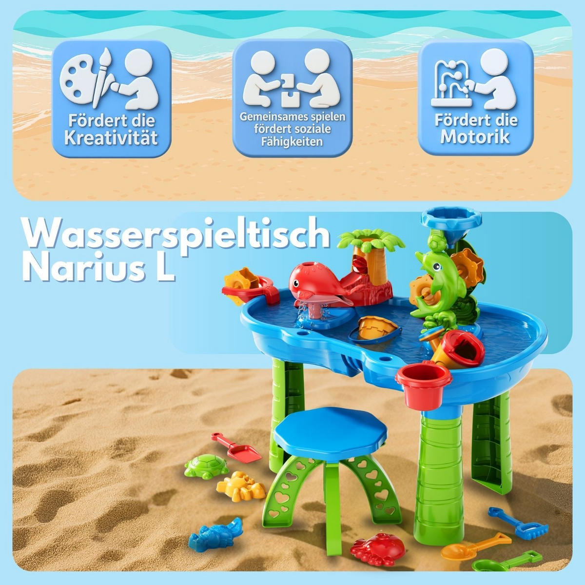 WASSERSPIELTISCH NARIUS L mit Zubehör 18 Teile - Multicolor, Kunststoff (63/42/65cm) - Coemo