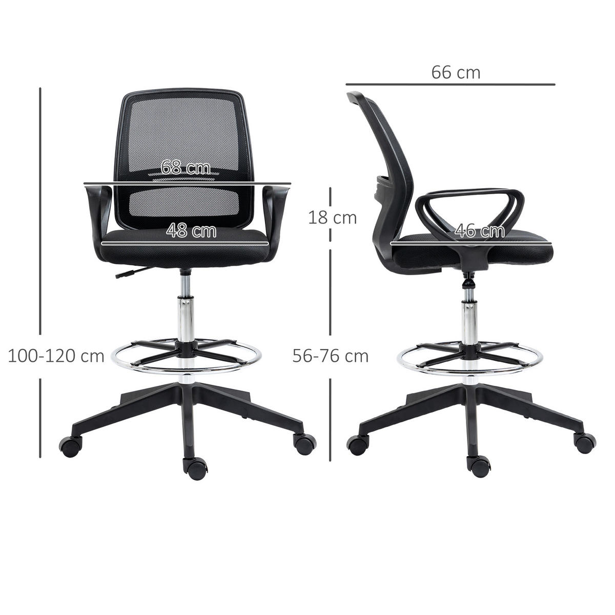ARBEITSSTUHL Ergonomischer Drehstuhl Bürostuhl höhenverstellbar mit Fußstütze - Schwarz, Textil (66/120/68cm) - Vinsetto