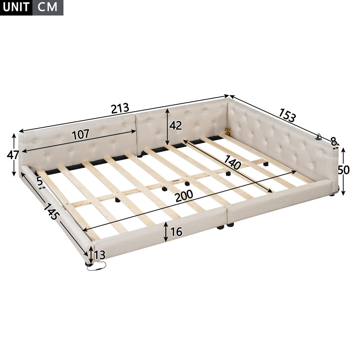 ČALÚNENÁ posteľ 140/200 cm z ľanu a MDF, béžová s LED osvetlením a USB - béžová, textil (140/200cm) - BEAOK