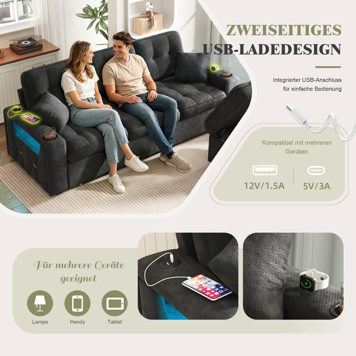 BIGSOFA mit Stauraum-Hocker, USB-C, LED und Becherhaltern aus Chenille - Schwarz, Textil (194.5/83/133cm) - EVRYAE