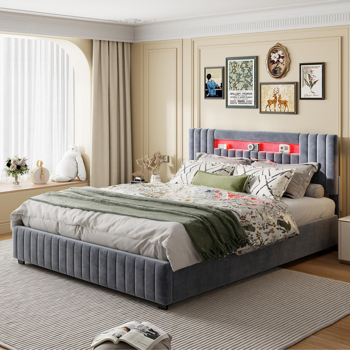 POLSTERBETT 160x200 cm, Grau, LED-Beleuchtung - Grau, Textil/Metall (160/200cm)