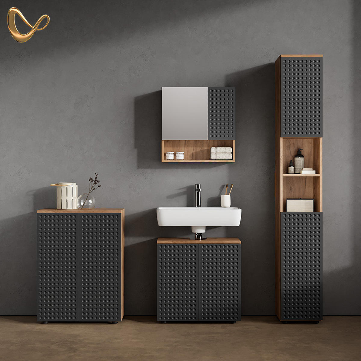 BADMÖBEL-SET Ronco Anthrazit gepunktet 4 Teile, mit Hochschrank und Kommode - Anthrazit/Eiche Wotan, Holzwerkstoff (60/59/30cm) - Livinity®