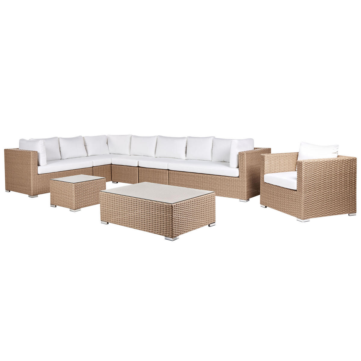 LOUNGE-SET 8-Sitzer sandbeige linksseitig modular Auflagen cremeweiß XXL - Sandfarben, Kunststoff - Beliani