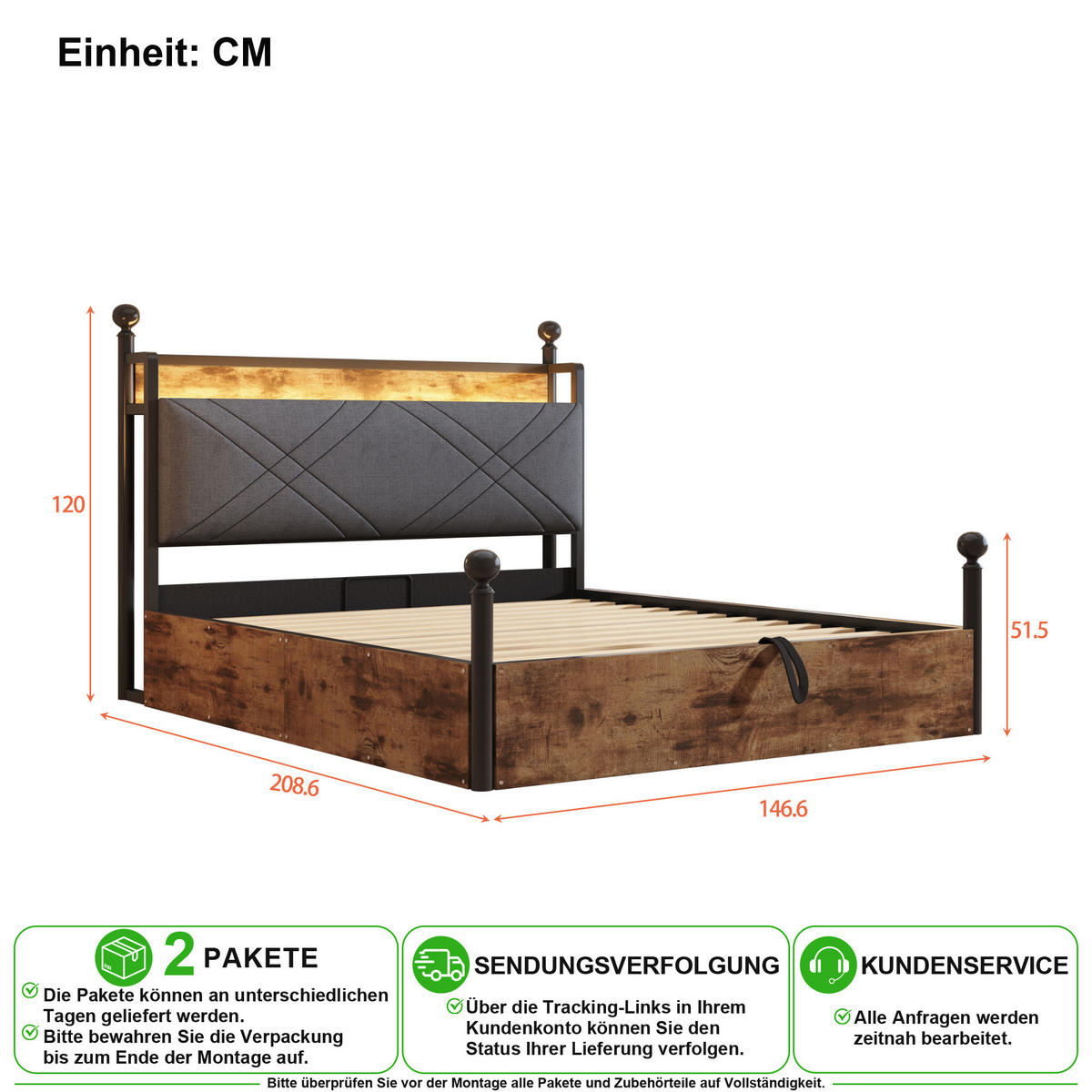 METALLBETT 140/190 cm in Schwarz mit Bettkasten, LED und USB/Type-C - Schwarz, Holzwerkstoff/Metall (140/190cm) - CHICFURN
