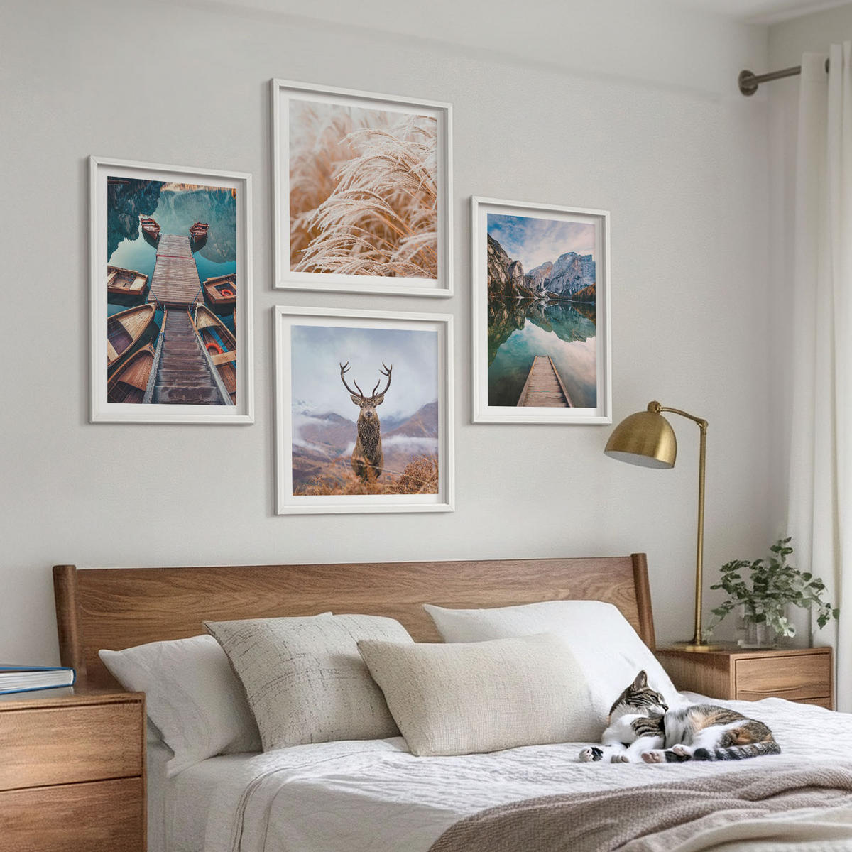 WANDBILDER 4er-Set - 50x50 cm & 40x60 cm Weißer Rahmen - Seeboote Hirsche Berge - Weiß, Kunststoff (50/50cm) - ArtPrintCave