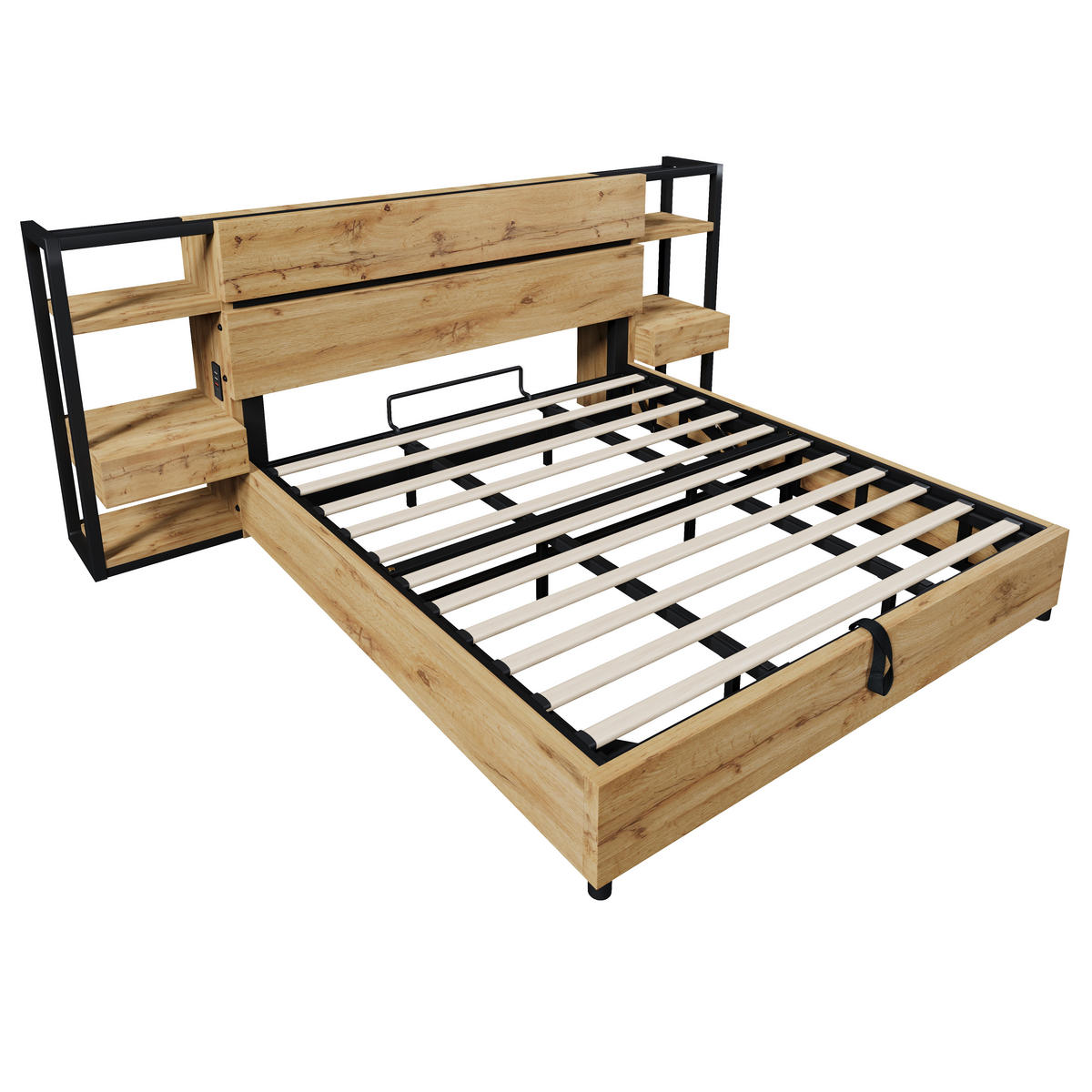 POLSTERBETT 180/200 cm mit USB/Type-C-Ladestation, Bettkasten & Kopfteil-Schubladen, Eiche - Eichefarben, Holzwerkstoff (180/200cm) - Redom