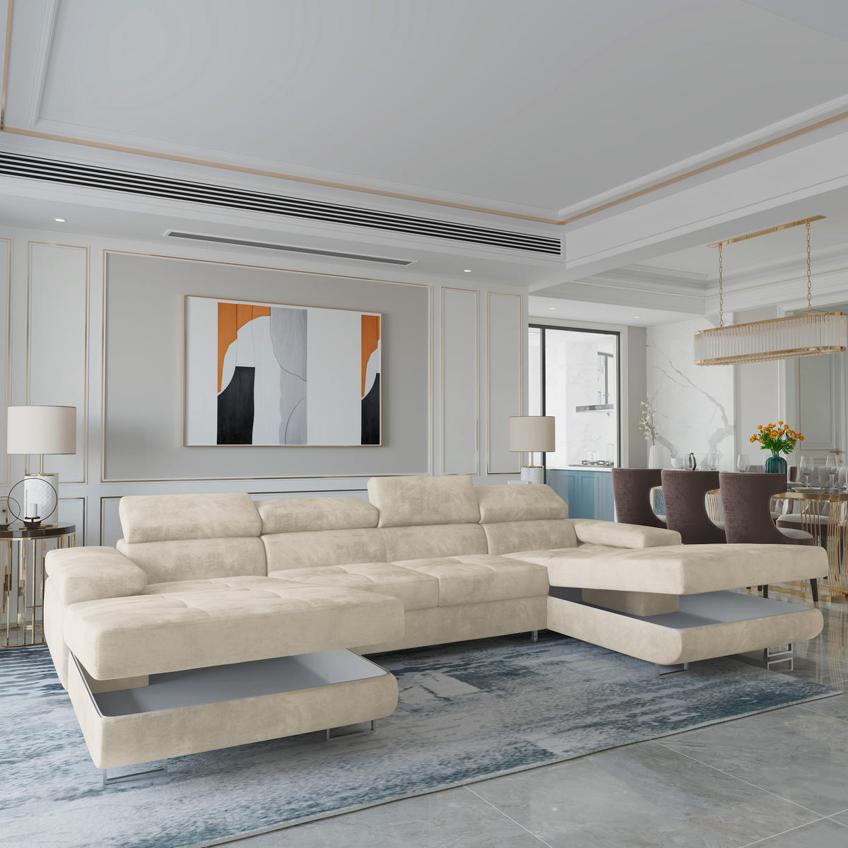 WOHNLANDSCHAFT LYKKE Creme Velours-Stoff mit Schlaffunktion - Creme, Holz (353/90/202cm) - MASSENO