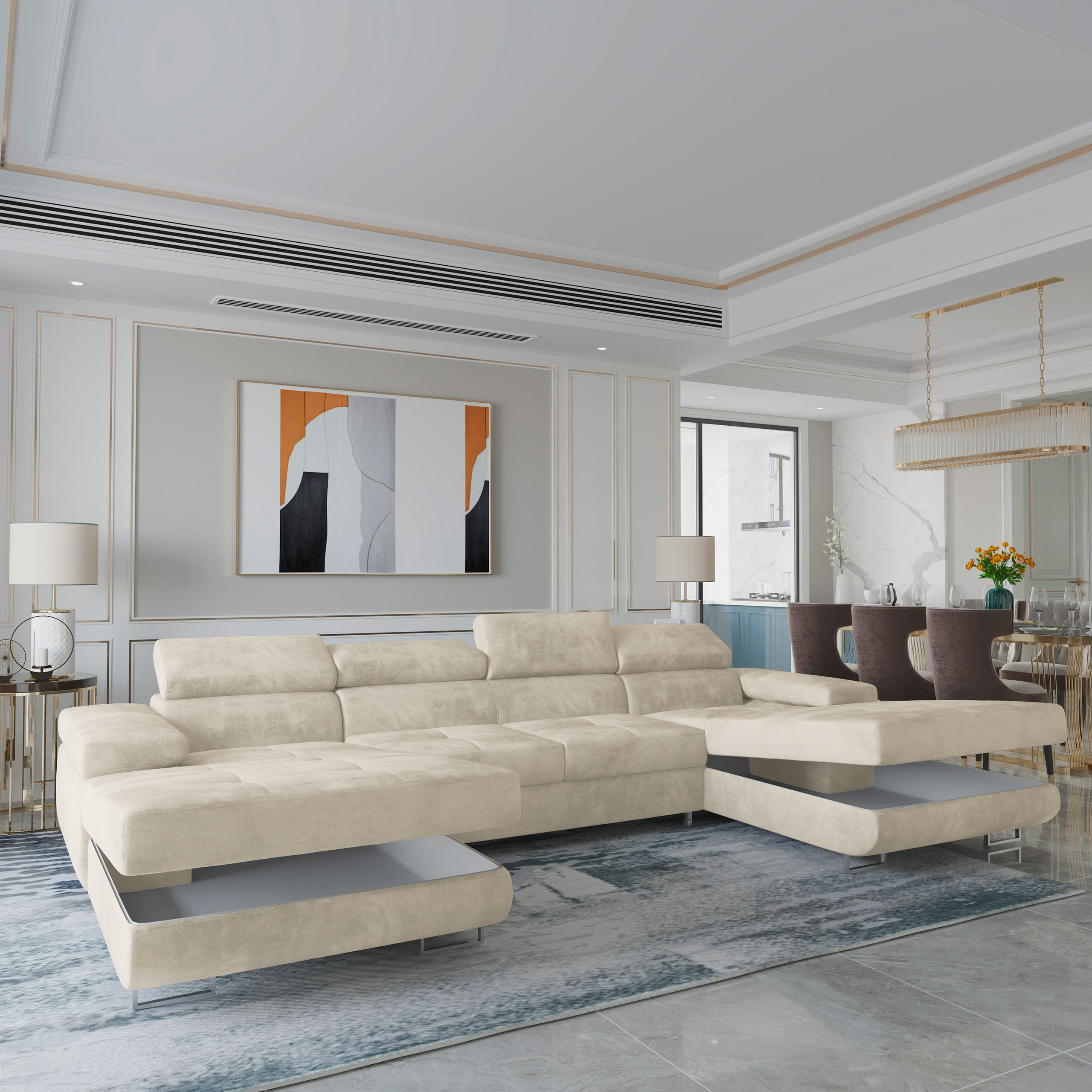 Thumbnail - Masseno Wohnlandschaft, Creme, Holz, 6-Sitzer, U-Form, 353x90x202 cm, Wohnzimmer, Sofas & Couches, Wohnlandschaften, Woh...