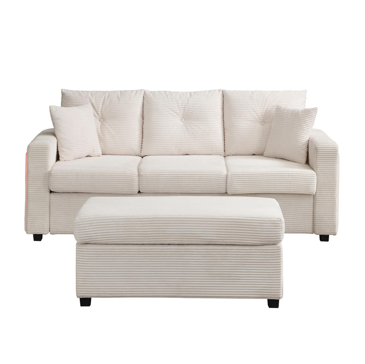 SOFA mit LED und Hocker Cord Beige 5-Kissen-Set - Beige, Kunststoff (184/85.5/84.5cm) - Meubliv