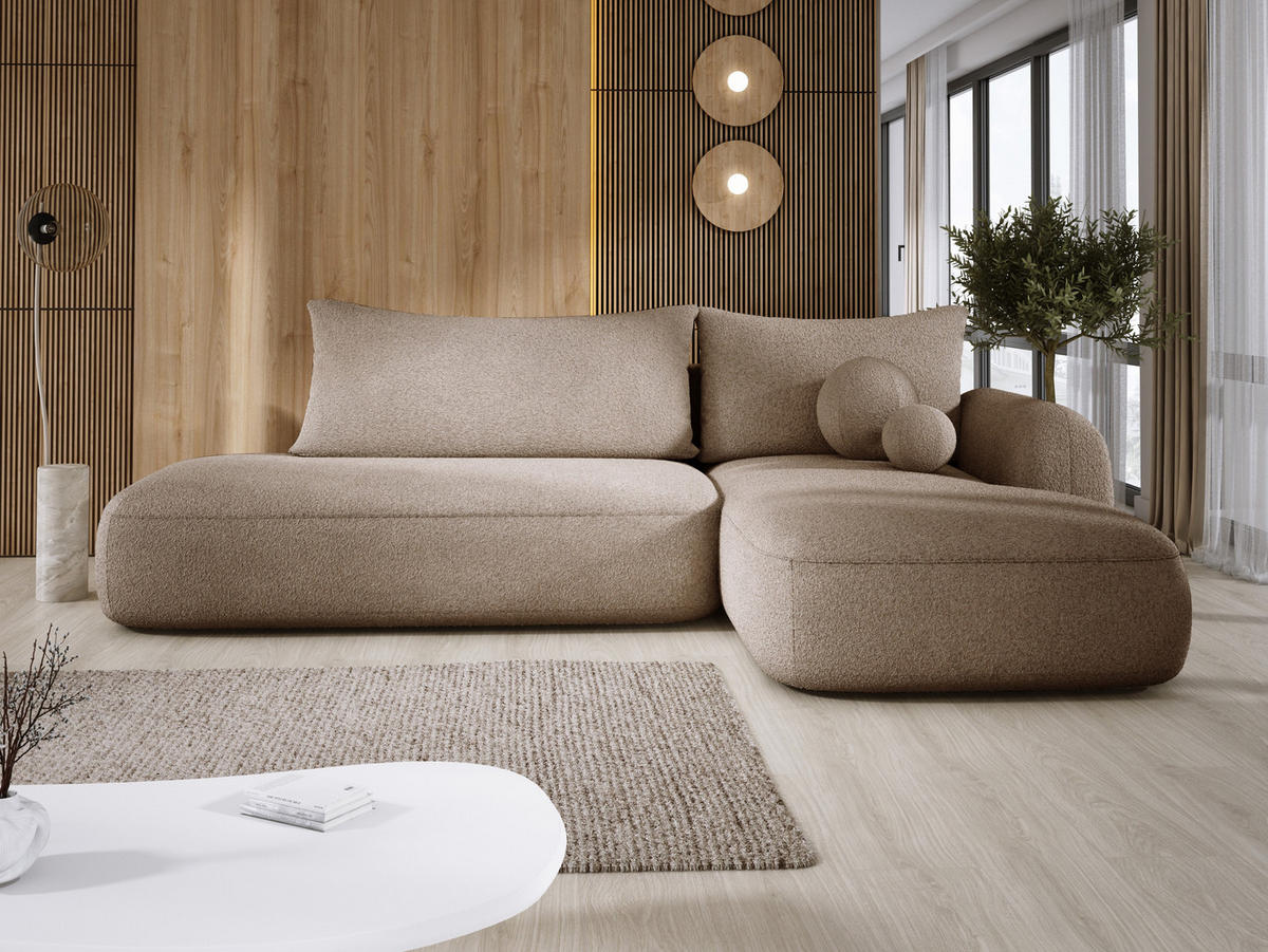 ECKSOFA BABU mit Schlaffunktion, Moderne Polsterecke für Wohnzimmer, funktionales Schlafsofa im Stoff NOW OR NEVER, 300x105x60cm rechte, Beige​ - Cappuccino, Holz/Textil (300/190cm) - DomoHome