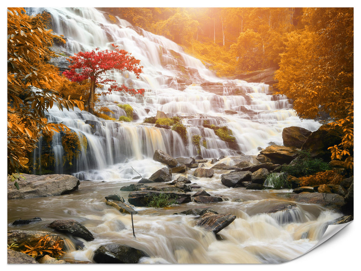 FOTOTAPETE für Küche Herbstlicher Wasserfall Bäume Blätter Felsen 400x280 - Beige/Orange, Papier (400/280cm) - Muralo