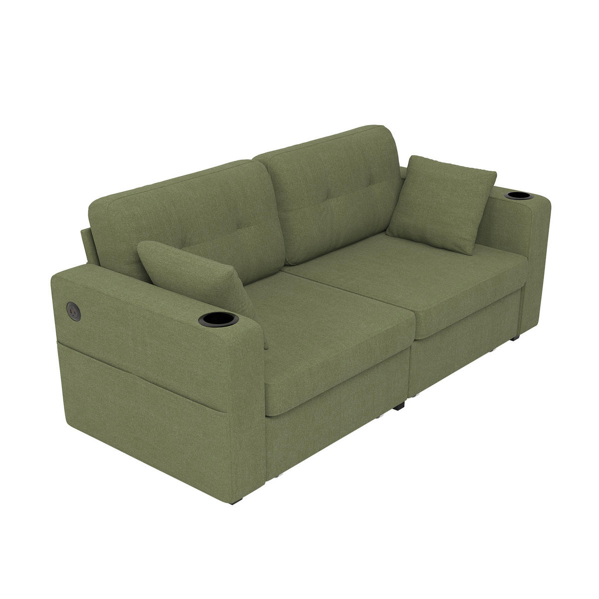 DVOUMÍSTNÁ pohovka 172/75/82 cm olivová z chenille s USB nabíjením, držáky na nápoje a úložnými zásuvkami - šalvějově zelená, textil (75/82/172cm) - OKWISH