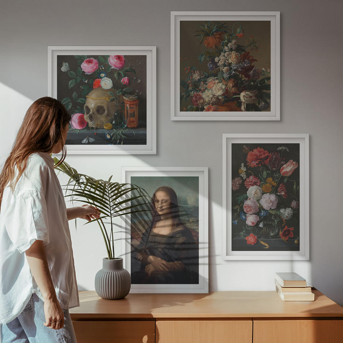 BILDER SET 4er Set - 50x50 cm & 40x60 cm Weißer Rahmen - Vintage Blumen Totenkopf Mona Lisa - Weiß, Kunststoff (50/50cm) - TULUP