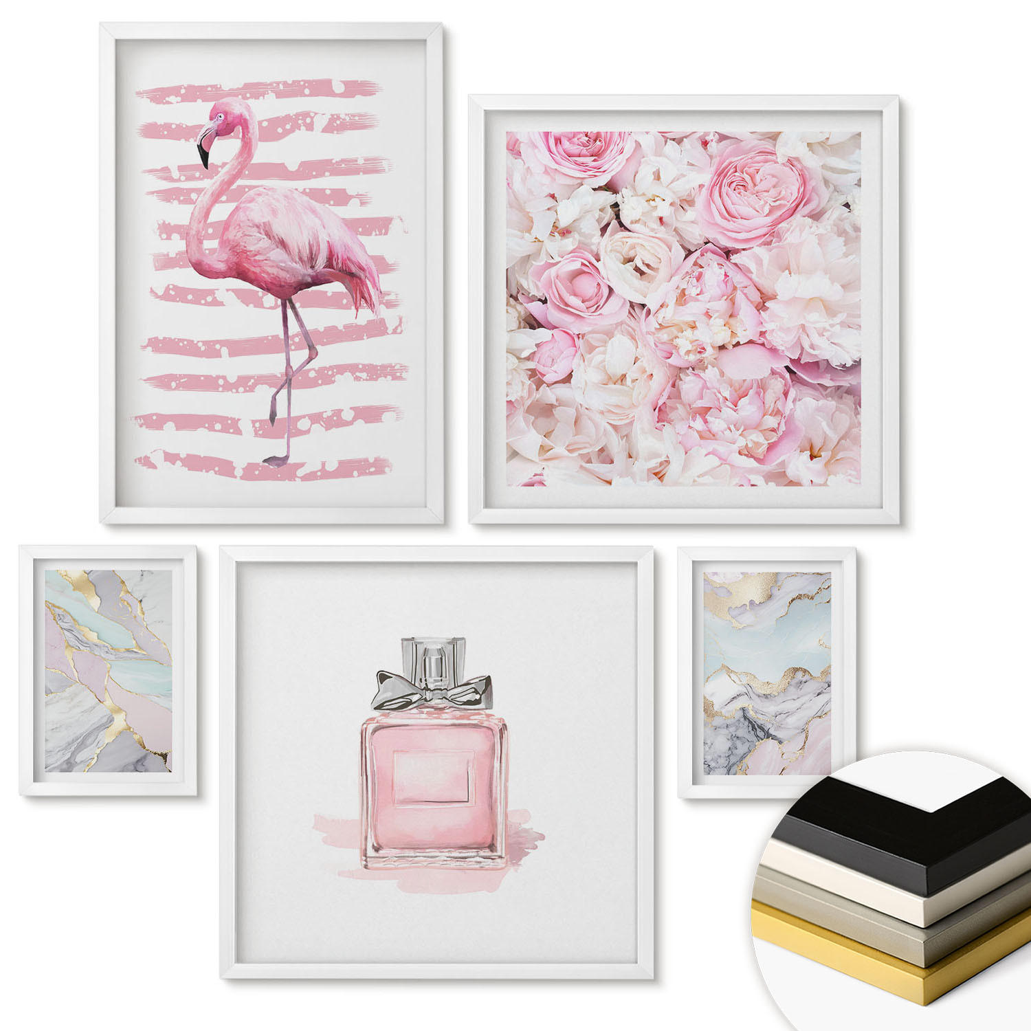 WANDBILDER 5er-Set - 50x50 cm & 20x30 cm & 40x60 cm Weißer Rahmen - Rosa Blumen Marmor Pastell - Weiß, Kunststoff (40/60cm) - ArtPrintCave