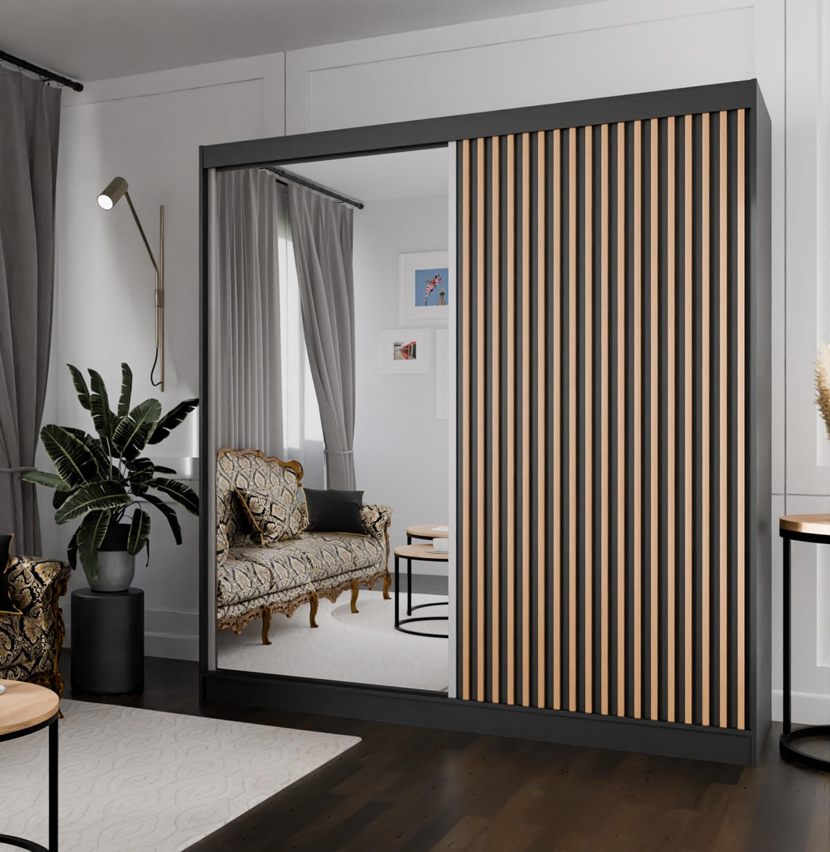 SCHRANK Schwarz Mit Lamellen Und Spiegel Craft Gold 150 cm - Multicolor, Holzwerkstoff (150/215/61cm) - Sepro Meble