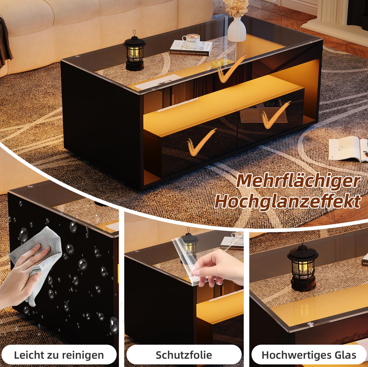 KONFERENČNÍ stolek 100/50/40 cm s LED osvětlením, 2 zásuvkami a skleněnou deskou, černá - černá, kompozitní dřevo (100/50/40cm) - Redom