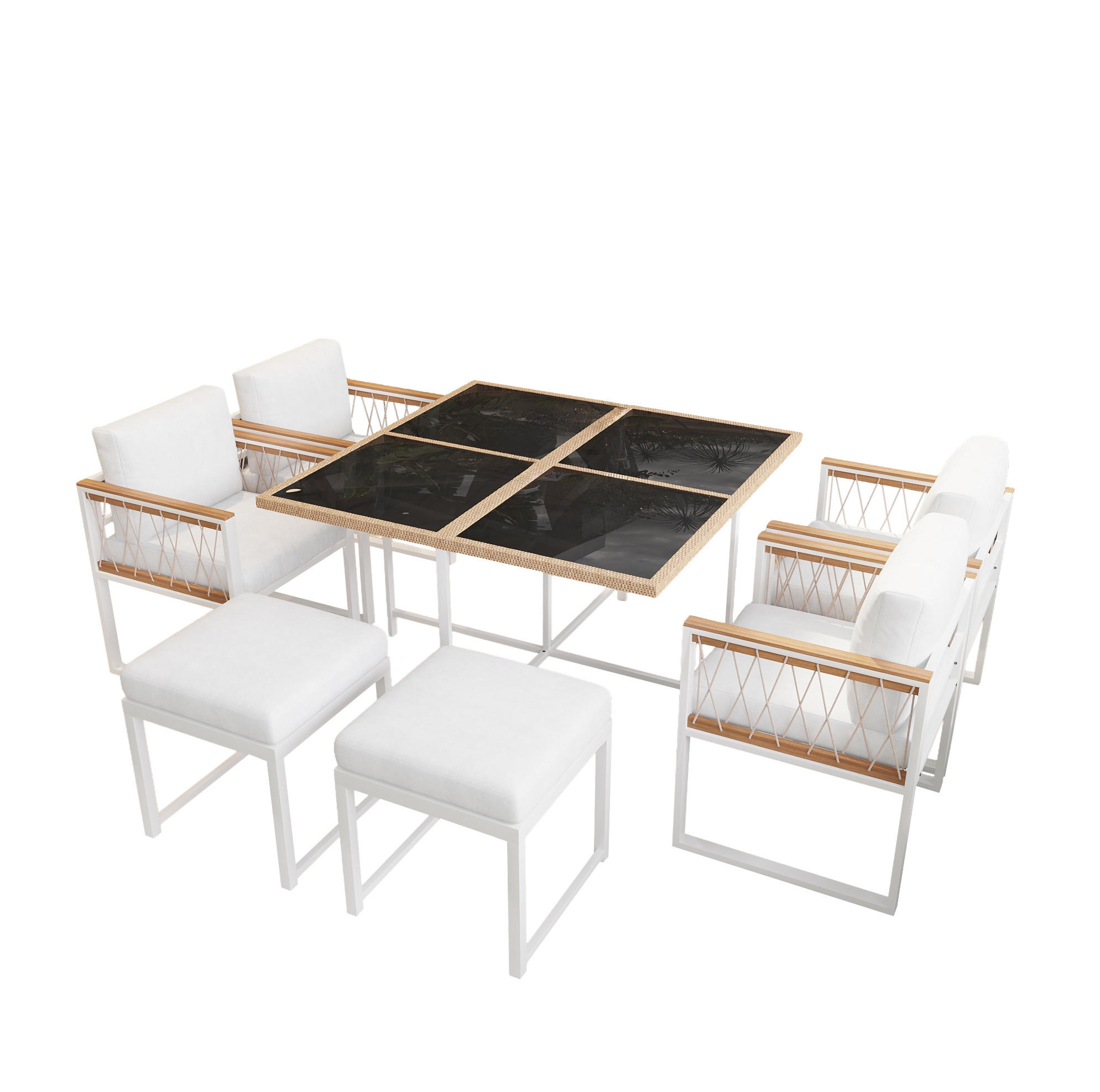 GARTENMÖBELSET 7-tlg. mit Tisch, 4 Sesseln und 2 Hockern 117 x 117 cm Natur/Weiß - Weiß, Metall - Beauniv