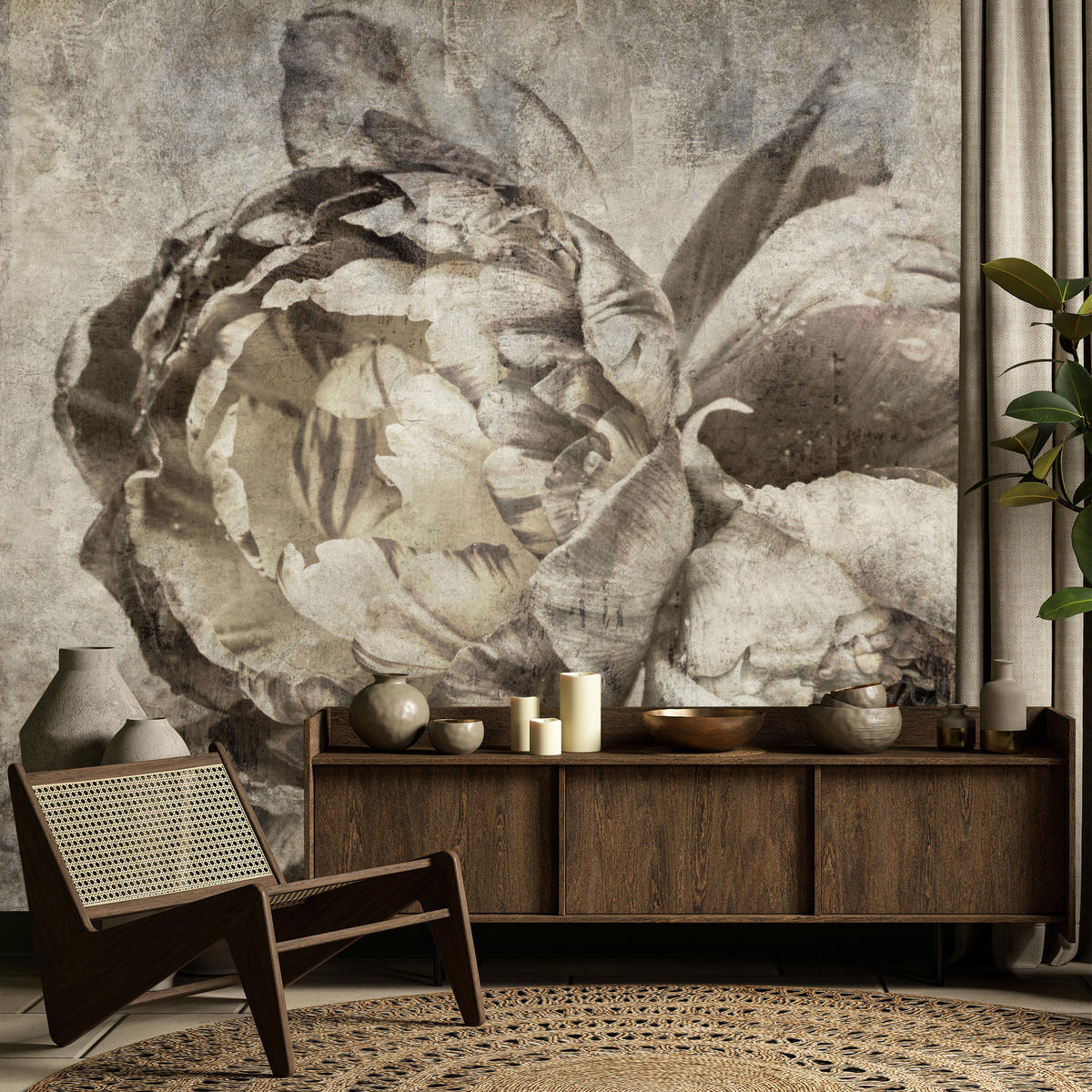 FOTOTAPETE Pfingstrosen Blumen Beton Vintage 250x175 - Beige/Braun, Papier (250/175cm) - Muralo