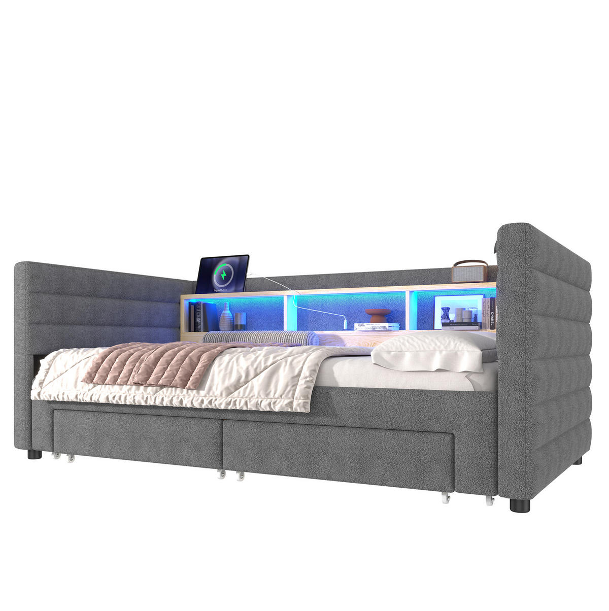 ROZKLADACIA posteľ 90/190 cm sivá zo zamatu a MDF s LED osvetlením portmi USB a typu C a zásuvkami - sivá, textil (90/190cm) - OKWISH