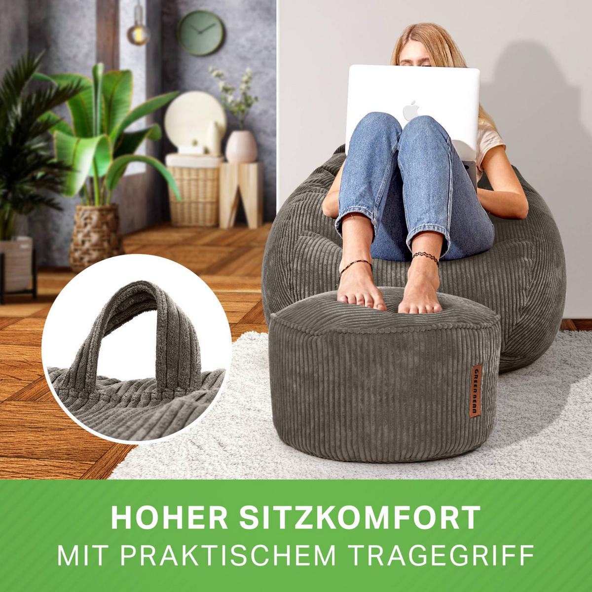 XXL-SITZSACK 2er Set + Pouf - Cordstoff - Anthrazit, Textil (90/110/90cm) - Green Bean
