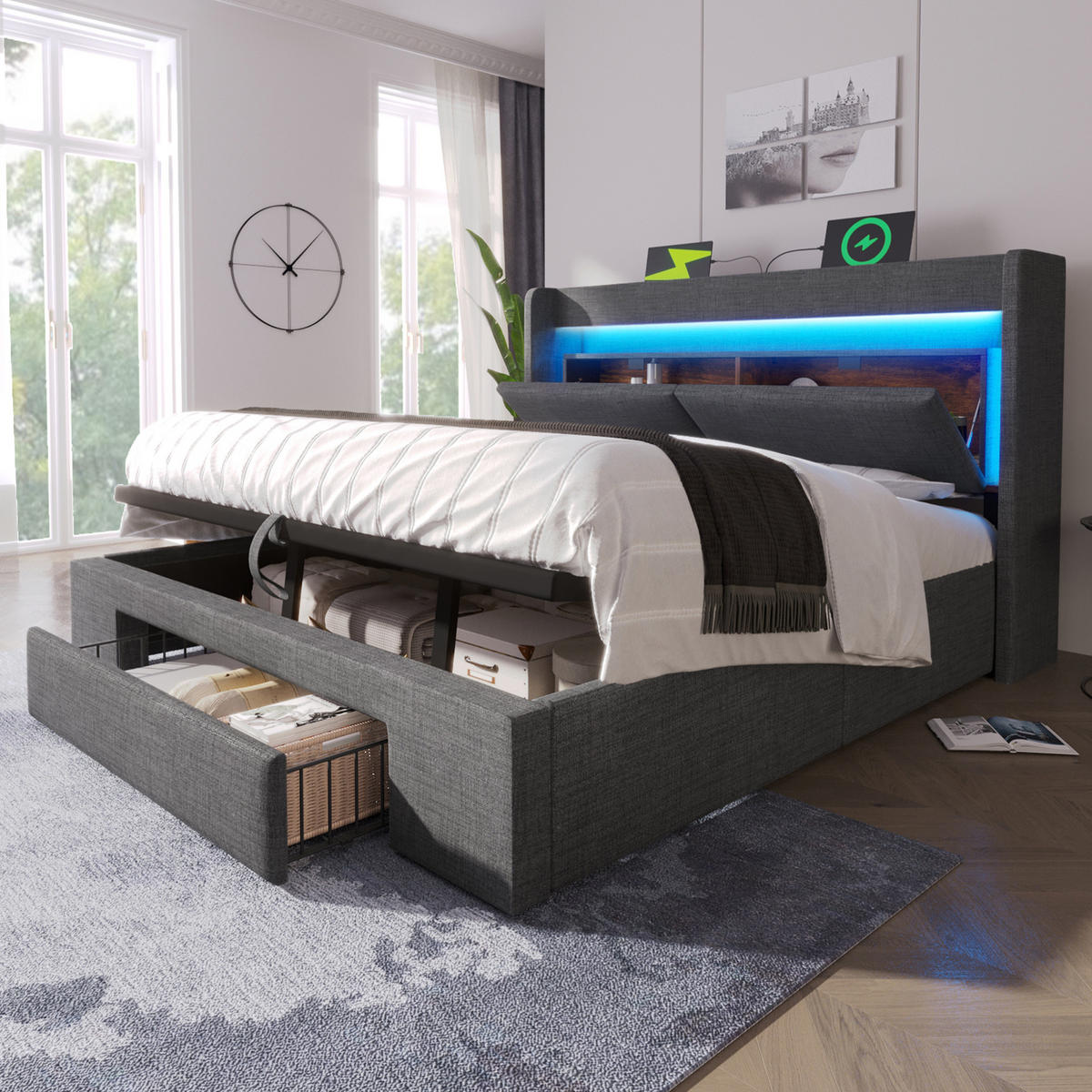 POLSTERBETT 140/200 cm mit LED-Beleuchtung, USB- und USB-C-Anschluss, hydraulischem Stauraum und Schublade und Matratze, Grau - Grau, Textil (140/200cm) - Redom