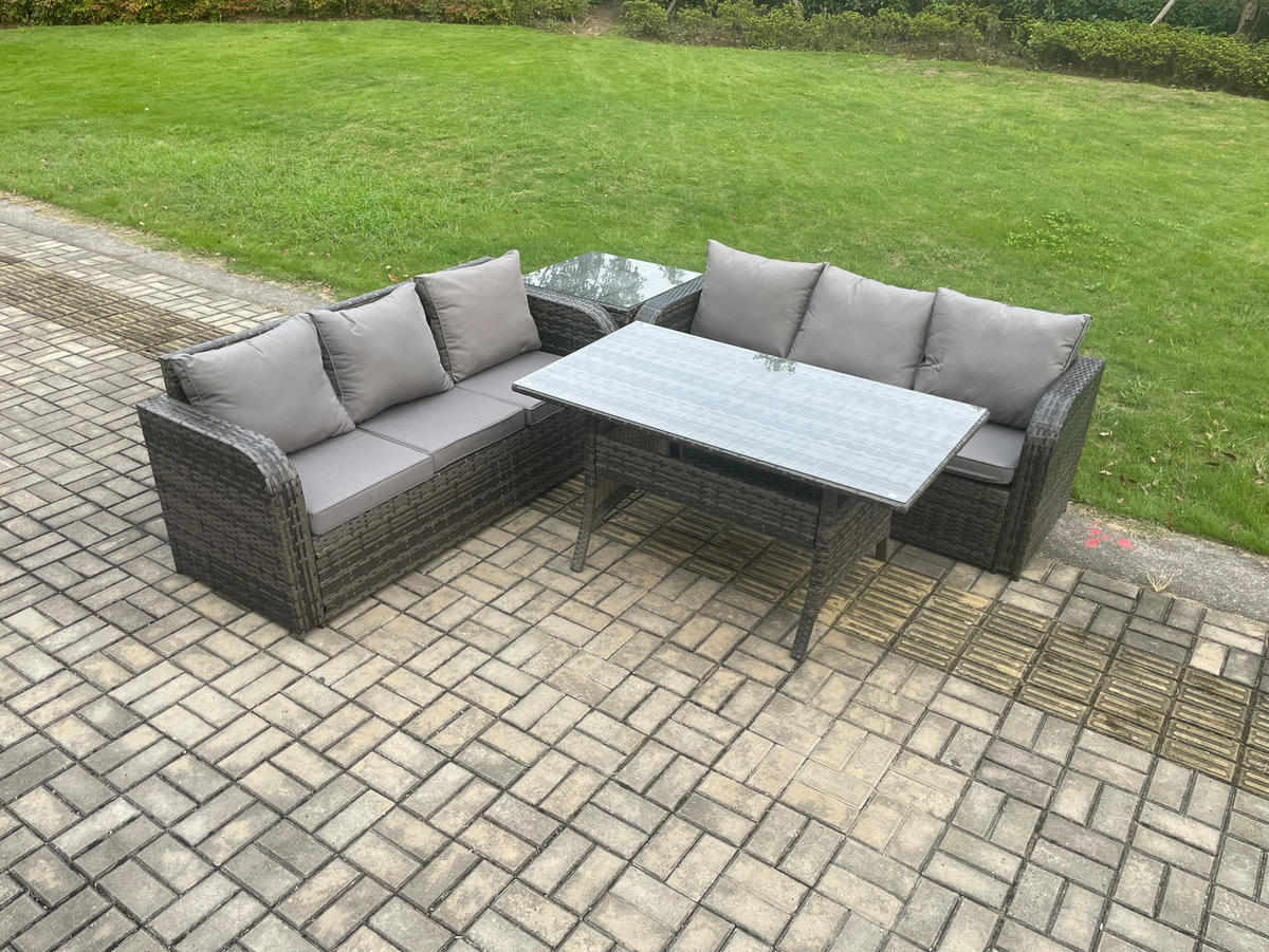 GARTENTISCHGRUPPE mit Beistelltisch Polyrattan Dunkelgrau 6-Sitzer - Dunkelgrau/Grau, Glas/Kunststoff - Fimous