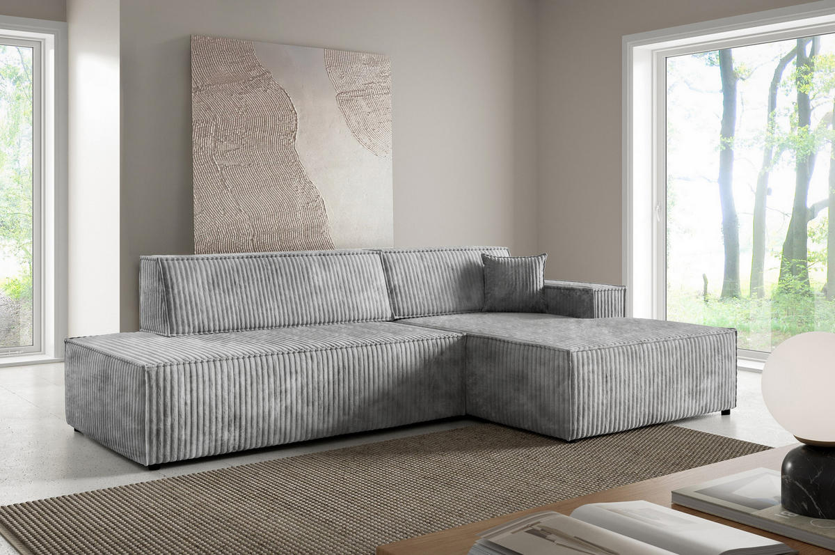 ECKSOFA TESSO R-S Grau Kordstoff mit Schlaffunktion - Grau, Holz (247/170cm) - MASSENO