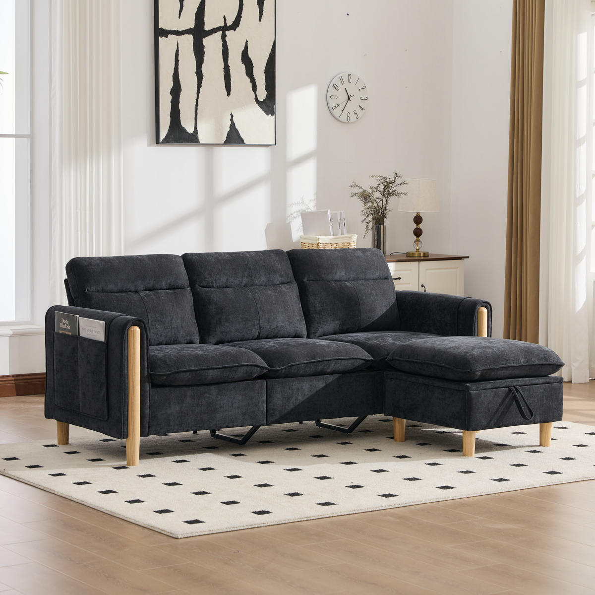 SOFA 201/77/86 cm in Schwarz mit Stauraum und Chenillebezug - Schwarz, Textil (77/86/201cm) - Flora Grace