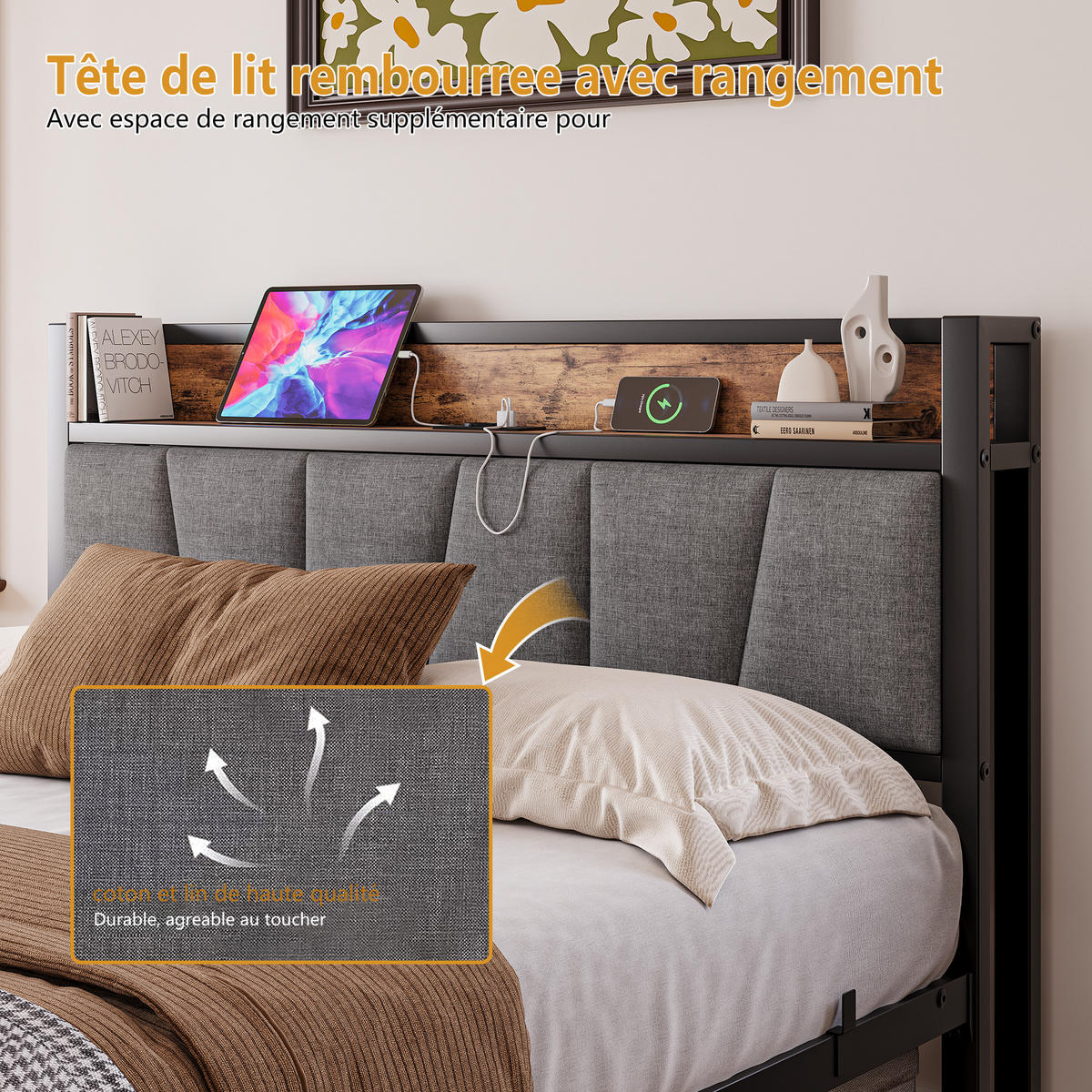 METALLBETT 140/190 cm Braun mit LED und USB - Braun, Metall (140/190cm) - Oxeza