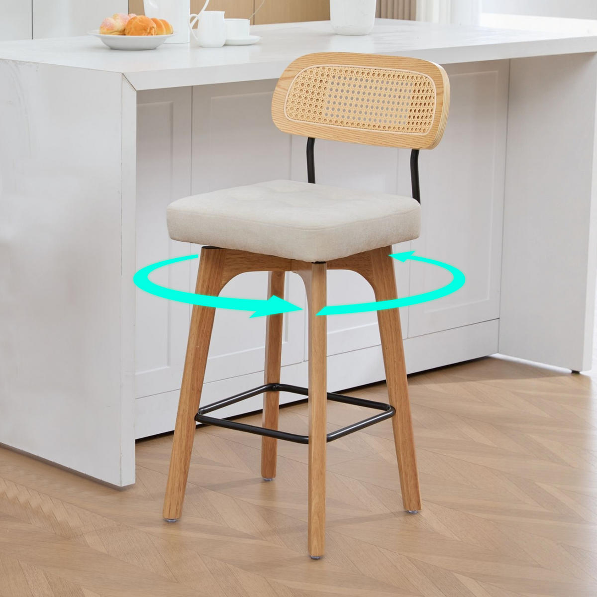 BARHOCKER 2er Set, 360° drehbar, Wiener Geflecht/Chenille, 67,5cm Sitzhöhe, Beige - Wildeiche/Beige, Holz/Textil (44/96/51cm) - LVHOM