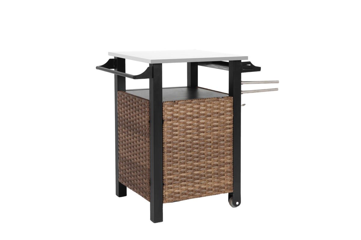 KÜCHENINSEL Barwagen 76x57x85cm braun Korbgeflecht/Edelstahl mit ausklappbarer Platte & Stauraum - Braun, Metall (57/85/76cm) - Modfu