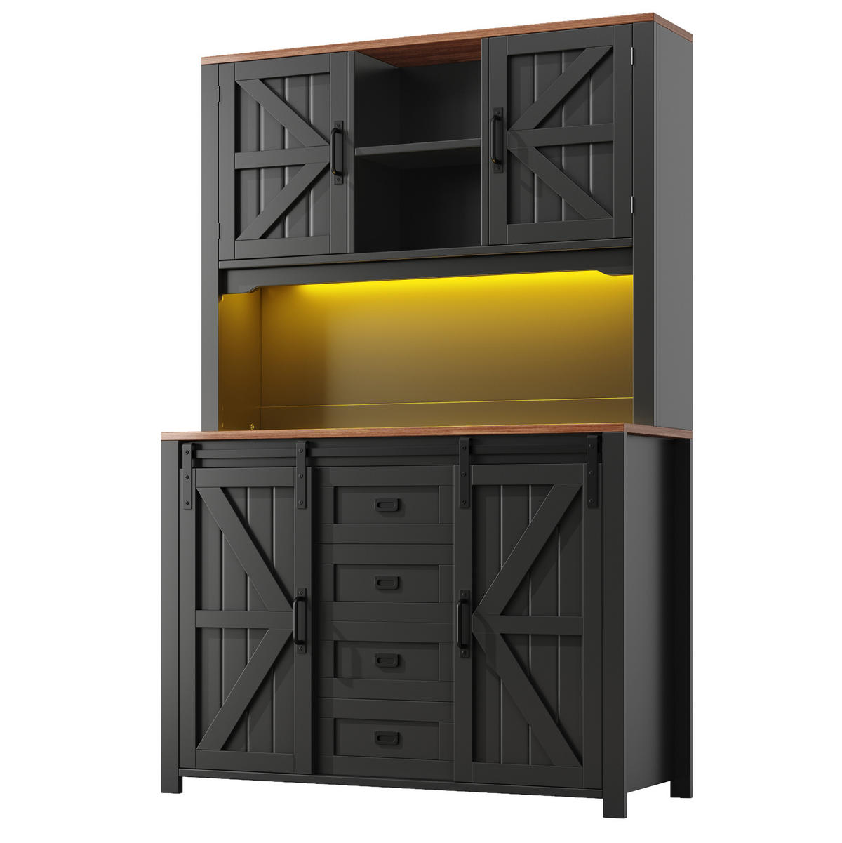 KUCHYŇSKÁ skříňka z MDF a kovu 115x40x174,7 cm černá s posuvnými dvířky, zásuvkami a LED osvětlením - černá, kompozitní dřevo (115/174.7/40cm) - Modfu