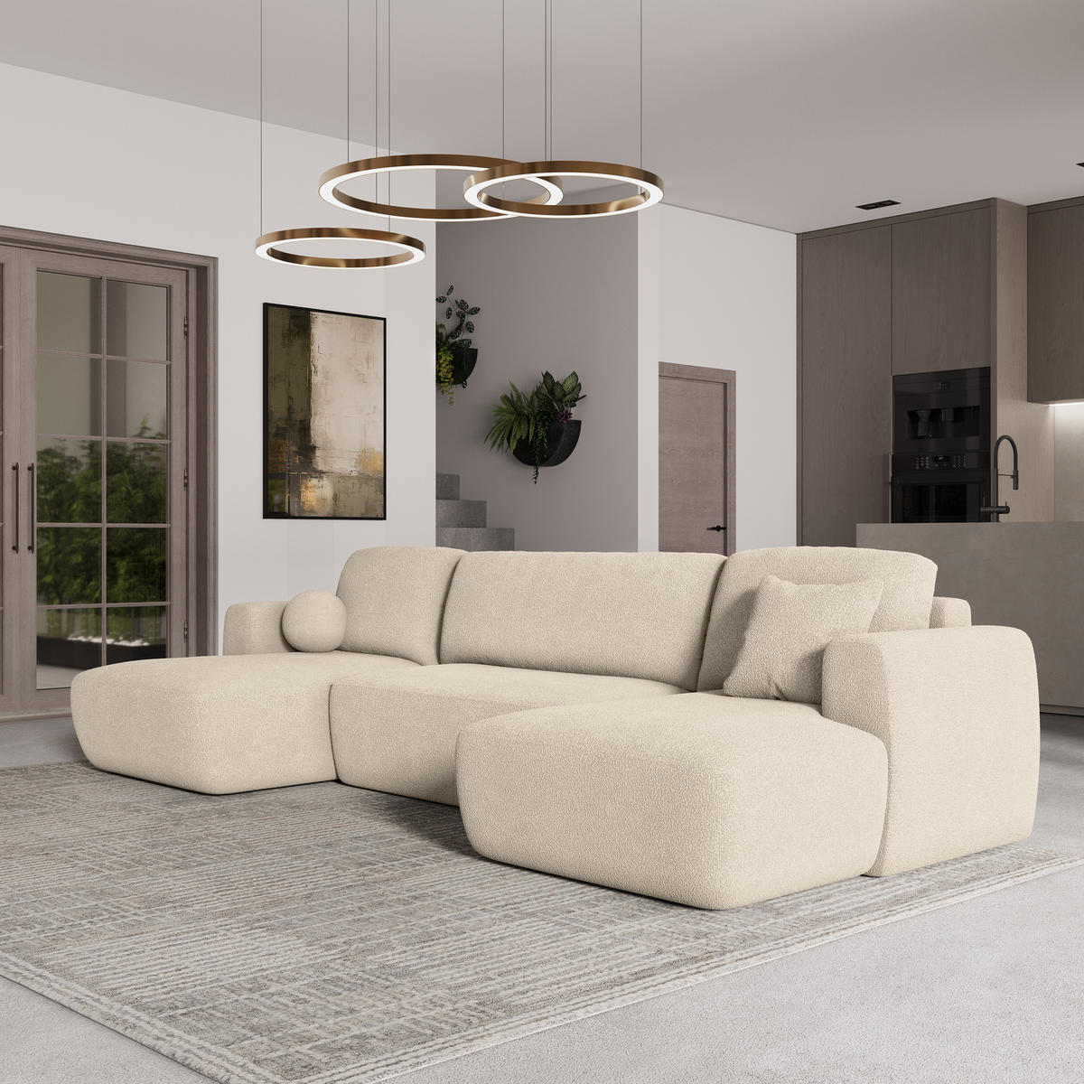 WOHNLANDSCHAFT SENTUM N Creme Boucle-Stoff mit Schlaffunktion - Creme/Schwarz, Holz/Kunststoff (330/90/148cm) - MASSENO