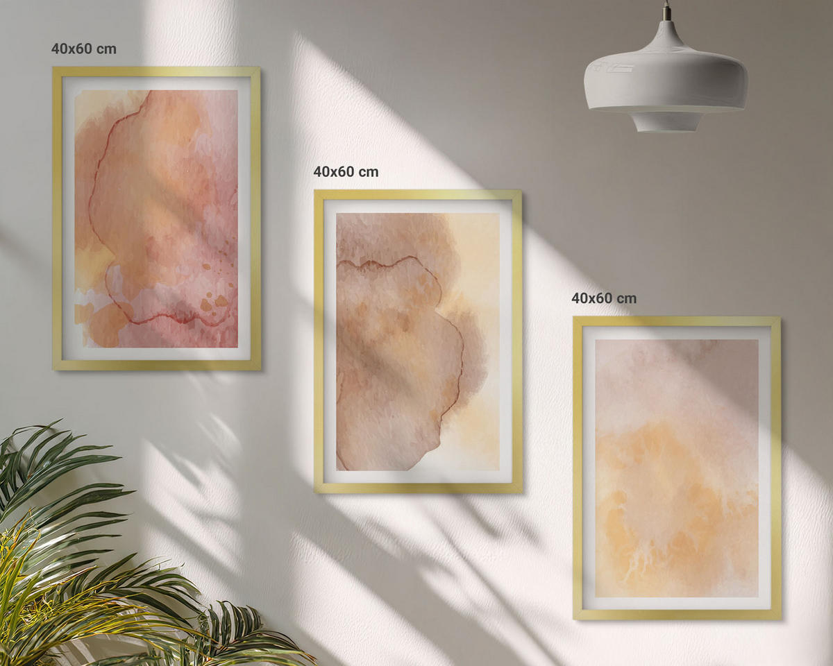 WANDBILDER 3er Set - 40x60 cm Goldrahmen - Warme, farbenfrohe Aquarelltexturen - Goldfarben, Kunststoff (40/60cm) - ArtPrintCave