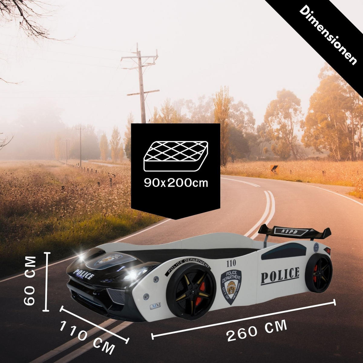 AUTOBETT POLICE Kinderbett mit Lattenrost 260/109/60 cm - Weiß, Holzwerkstoff (90/200cm) - Coemo