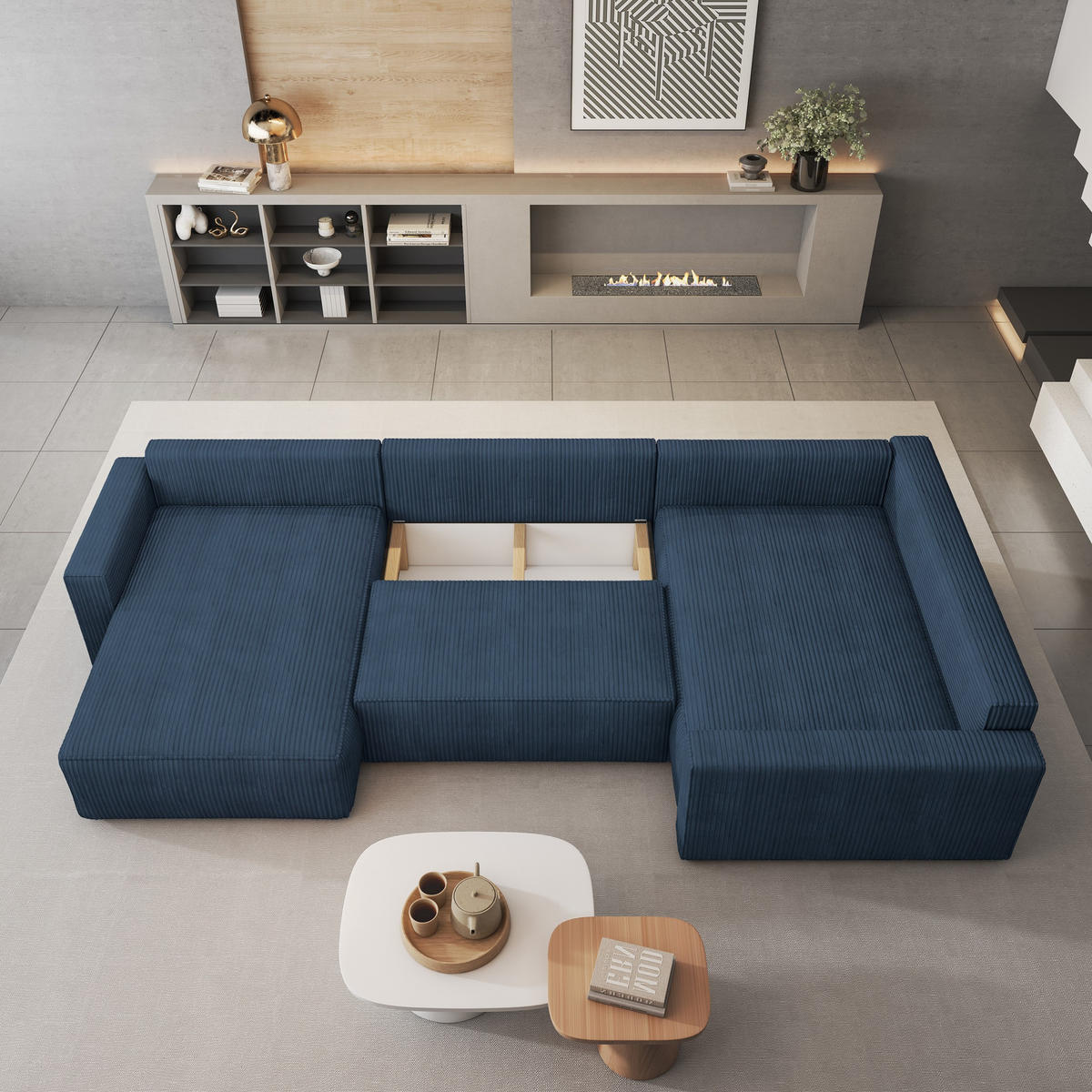 WOHNLANDSCHAFT VELAMI R-S Blau Kordstoff mit Schlaffunktion - Blau, Holz (365/83/194cm) - MASSENO