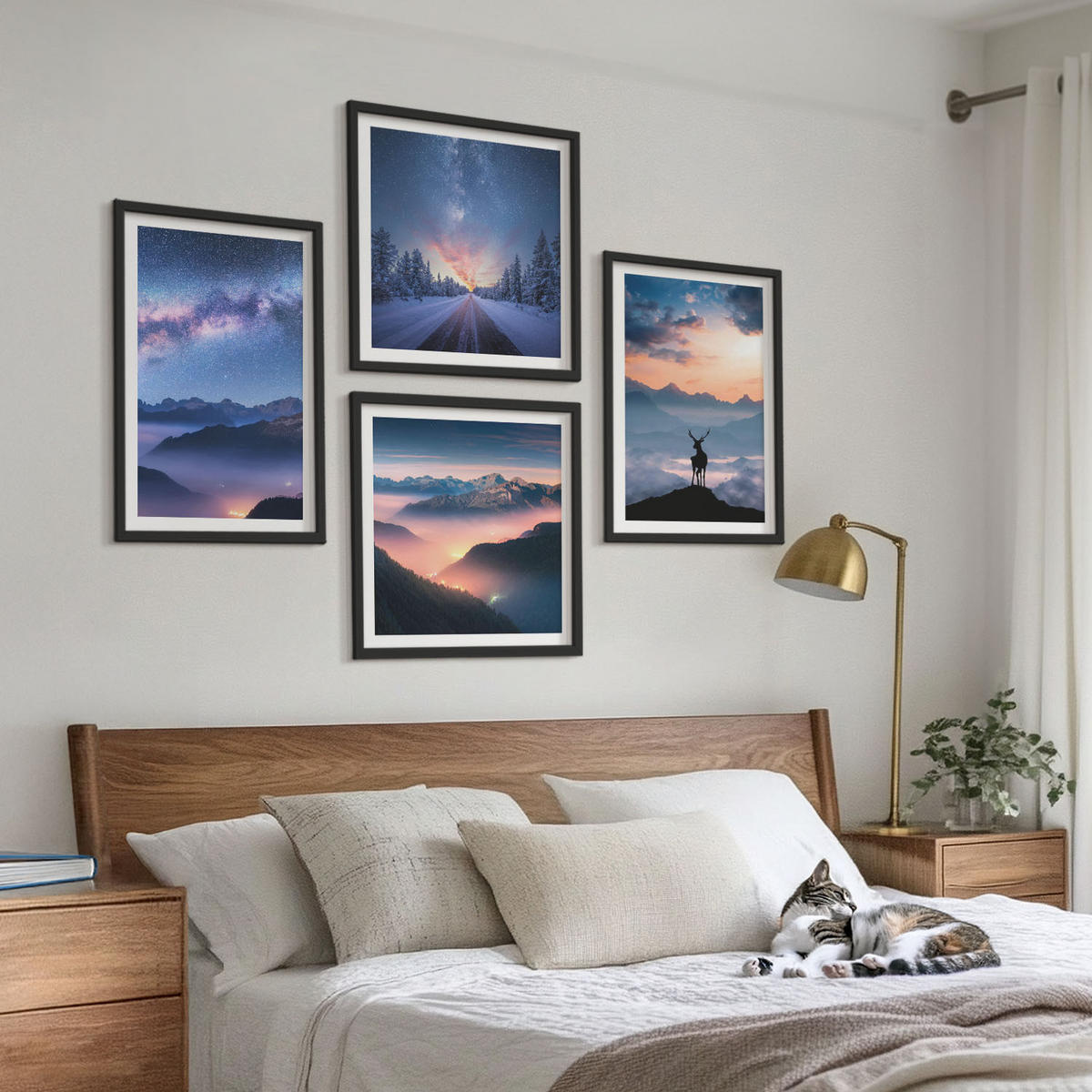 WANDBILDER 4er-Set - 50x50 cm & 40x60 cm Schwarzer Rahmen - Nachthimmel Berge Nebel Hirsch - Schwarz, Kunststoff (50/50cm) - ArtPrintCave