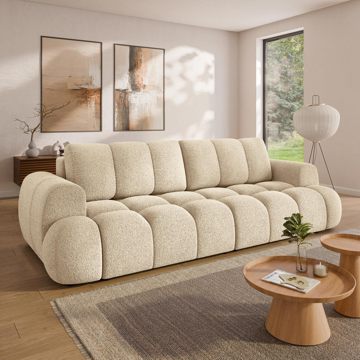 BETTSOFA DAFNE Creme Bucle-Stoff mit Schlaffunktion - Creme, Textil (300/88/113cm) - MASSENO