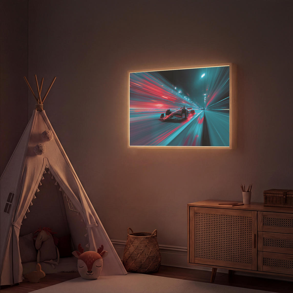 DOBÍJECÍ NOČNÍ LAMPIČKA Závodní auto - Červená - Rychlost 100x70 cm - tyrkysová, kompozitní dřevo (8/100/70cm) - OnlyWow