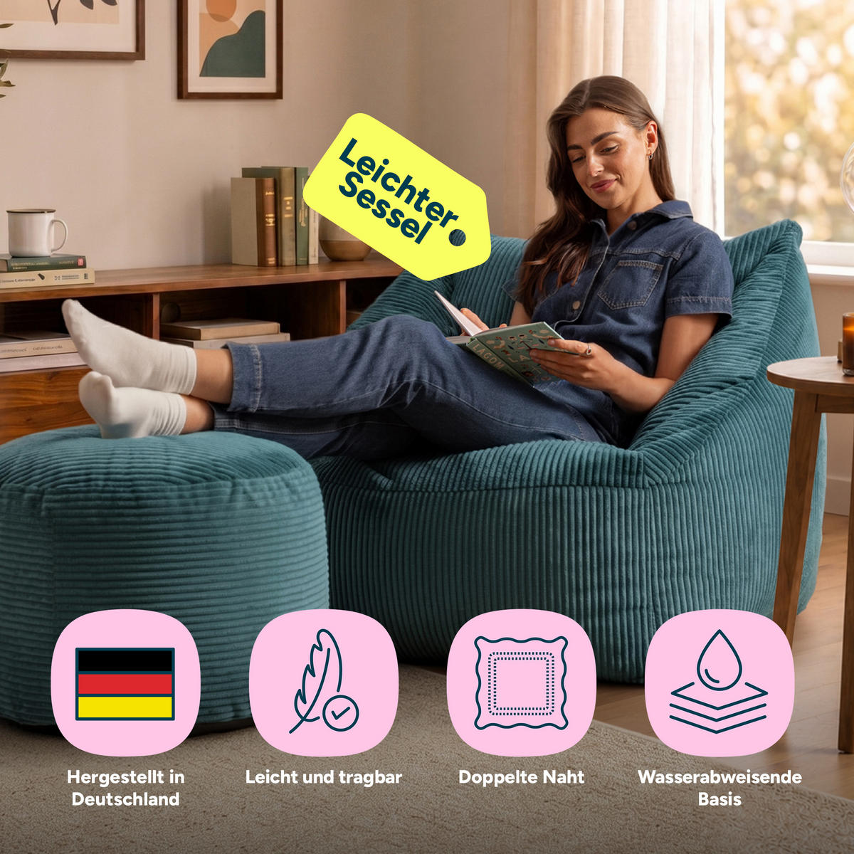 SITZSACK Sessel Natalia + Sitzpouf - Grün, Textil (100/80/88cm) - icon