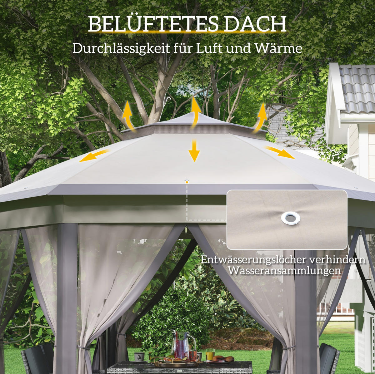 GARTENPAVILLON 405/340/285 cm mit Mesh-Seitenwänden, Doppeldach und Metallgestell, Kaffee - Braun, Metall (340/285/405cm) - Redom