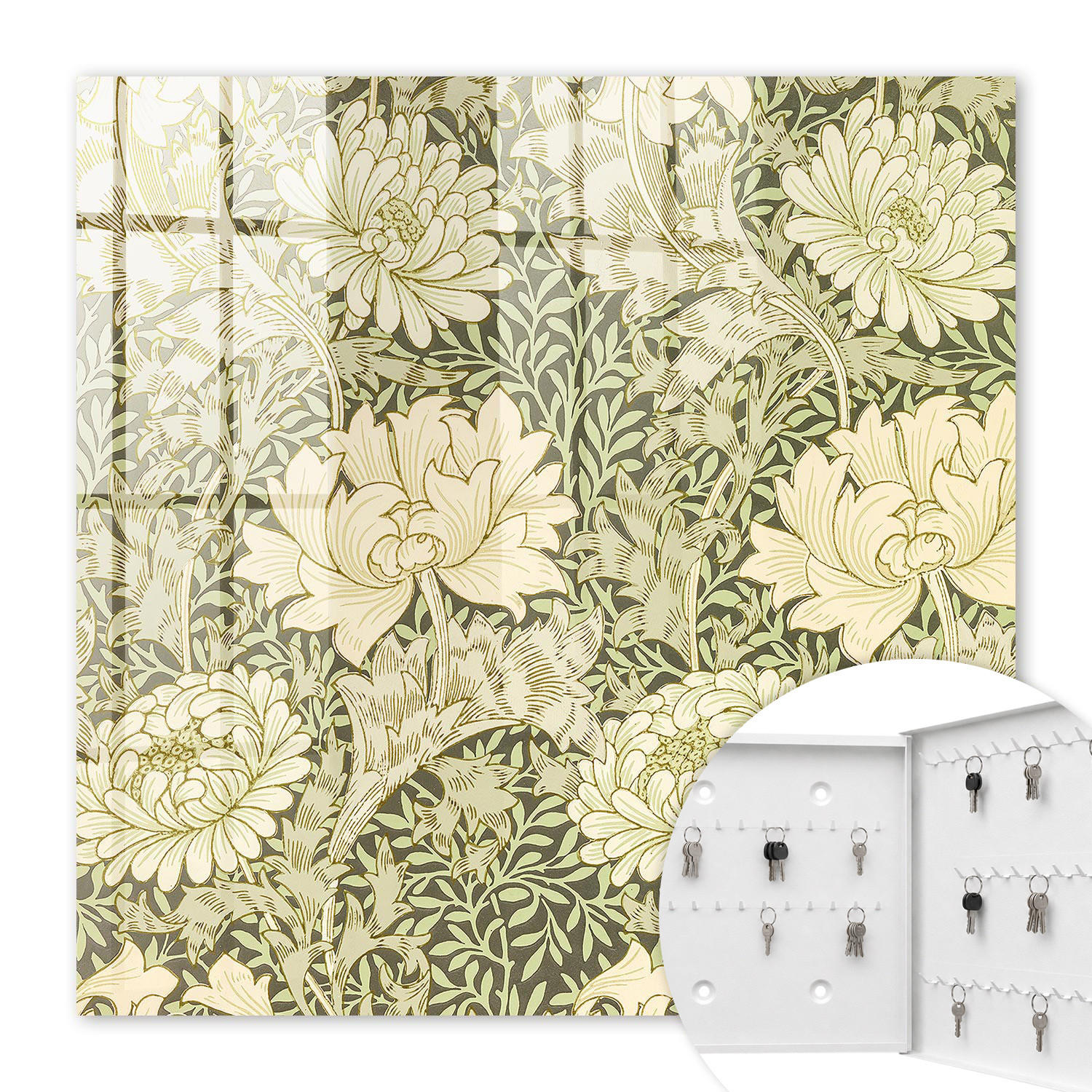 SCHLÜSSELBOX Weiß 30x30 cm – Türöffnung nach rechts - Blumenmuster - Grün, Metall (30/30/5cm) - TULUP