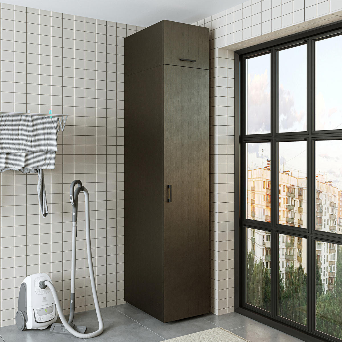 WASCHMASCHINENSCHRANK DUO-I 45cm Breit, 240cm Hoch - Schwarz, Holzwerkstoff (45/240/67cm)