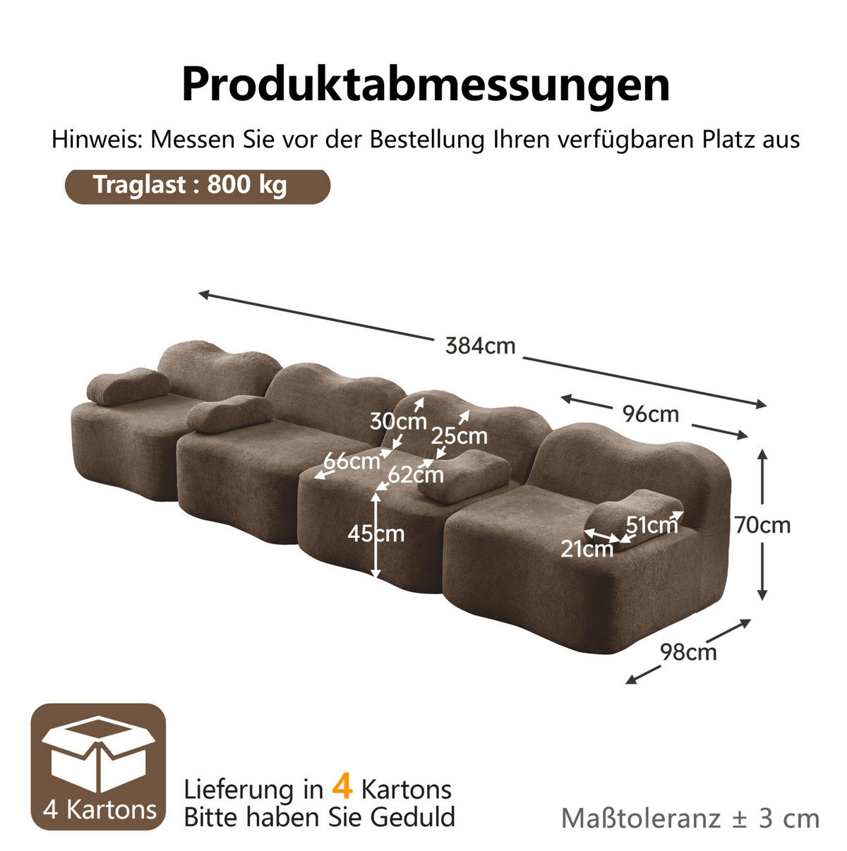 SOFA 384/98/70 cm in Braun aus Samt mit tiefer Sitzfläche - Braun, Textil (98/70/384cm) - Flora Grace