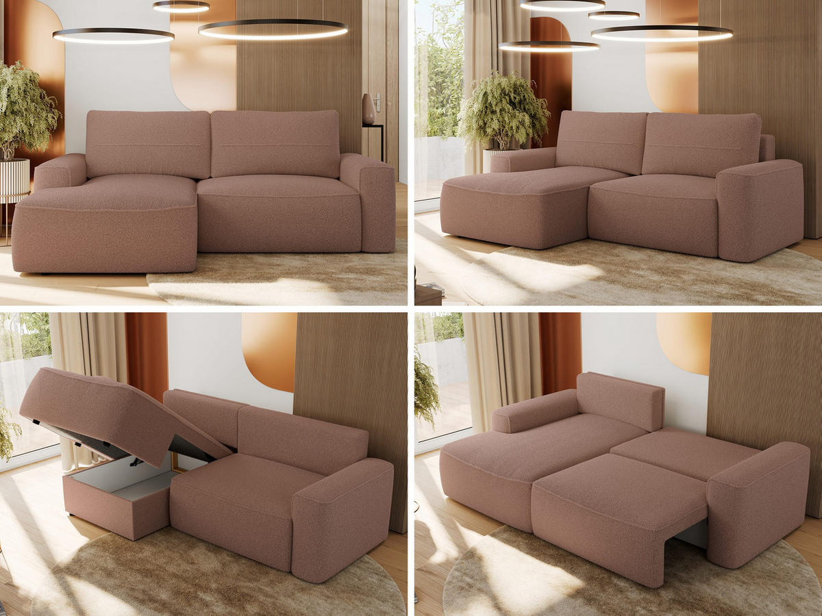 ECKSOFA BELLUNO L Rosa Boucle - Links - Schwarz/Rosa, Textil (144/233cm) - MKS
